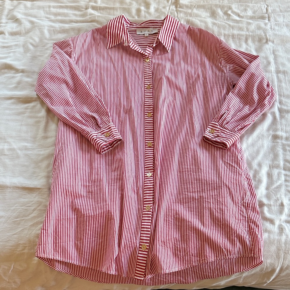 Buru Red and White Striped Button-Up Shirt Dress